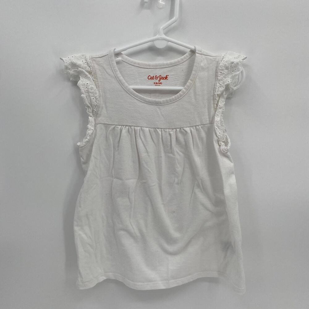 Cat & Jack White Short Sleeve Ruffle Cap Eyelet Sleeve Shirt S 6/6x